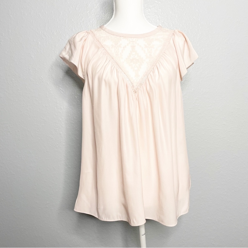 Rebecca Taylor Pale Pink Silk Embroidered Inset Cap Sleeve Top Size 10